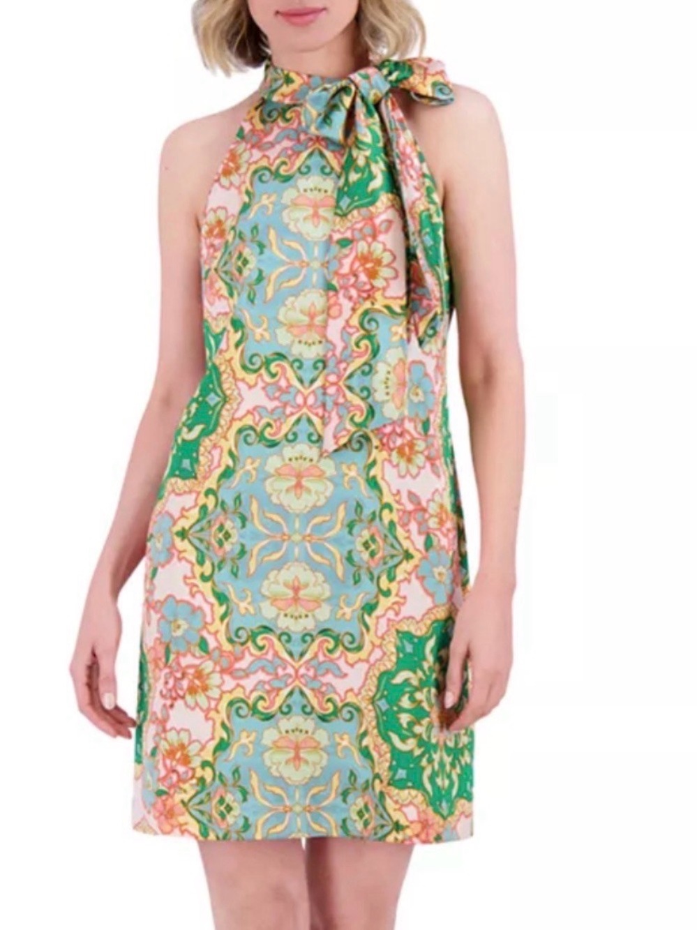 Vince Camuto Green, Blue & Pink One-Shoulder Tie Midi Dress